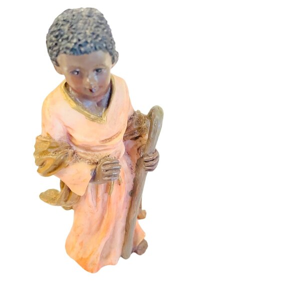 Handcrafted 5" Resin Figurine Of Shepherd Boy Holding Staff In Orange Robes 5" - Picture 4 of 11